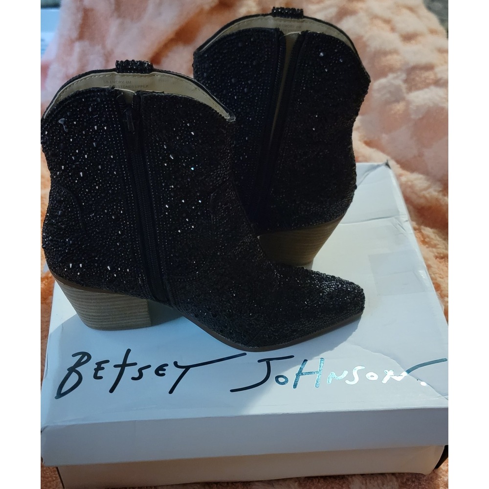 Betsey Johnson Black‎ Rhinestone Embellished Western Ankle Boots Women - Picture 3 of 4